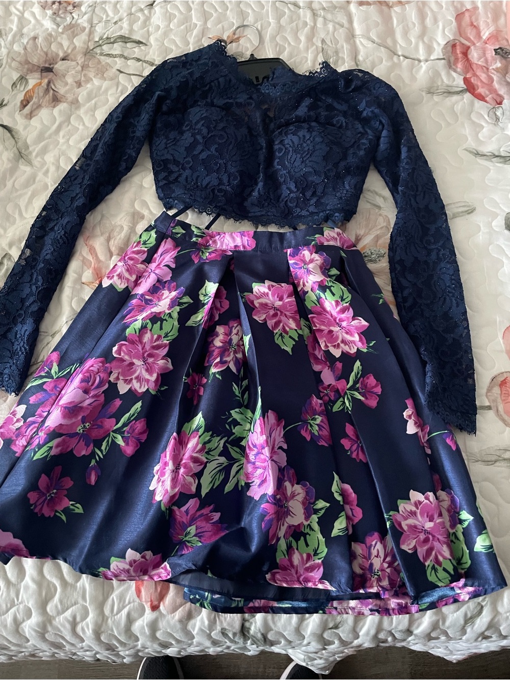 Sequin Hearts Navy Two-Piece Floral Set with Pink and Green Accents